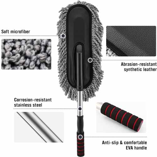 Super Soft Premium Microfiber Car Duster with Extendable Long Handle Wet & Dry Scratch-Free Car Cleaning Multipurpose Dust Cleaner (Grey)