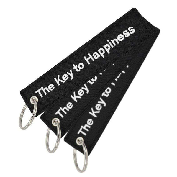 THE KEY TO HAPPINESS Car Bike Embroidered Fabric Tag Strap Keyring Key Holder