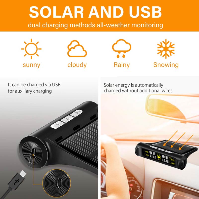 TPMS DIY Car Tire Pressure Monitoring System Solar Power Universal Wireless LCD Display with 4 External Sensors Real-time Display 4 Tires' Pressure & Temperature