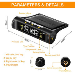 TPMS DIY Car Tire Pressure Monitoring System Solar Power Universal Wireless LCD Display with 4 External Sensors Real-time Display 4 Tires' Pressure & Temperature