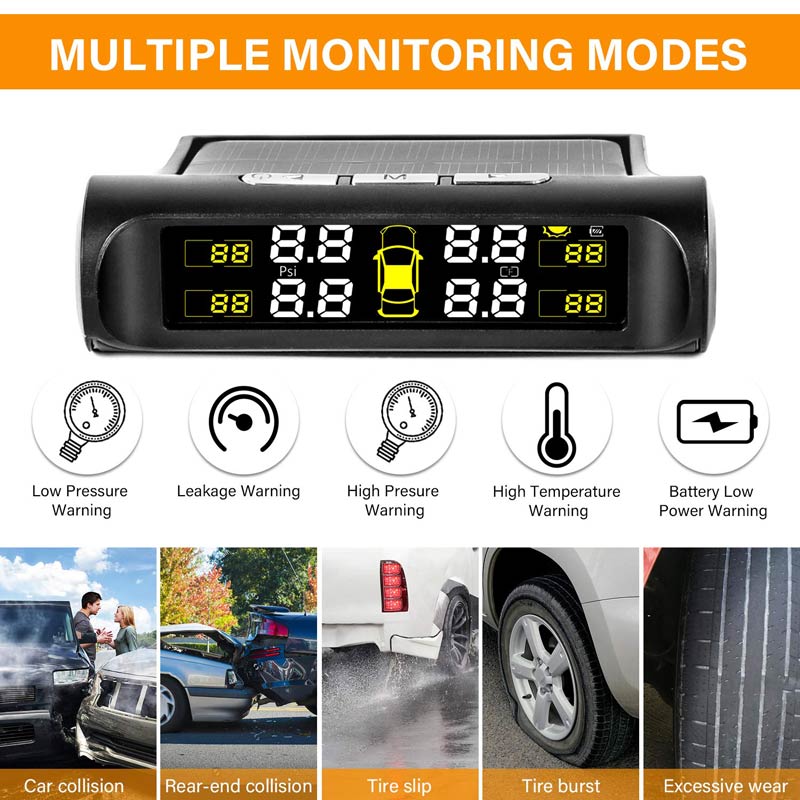 TPMS DIY Car Tire Pressure Monitoring System Solar Power Universal Wireless LCD Display with 4 External Sensors Real-time Display 4 Tires' Pressure & Temperature