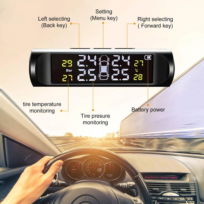 Car TPMS OEM Tire Pressure Digital Solar Energy Monitoring System Auto Security Tire Pressure Alarm Systems LCD Display with 4 Internal Sensors