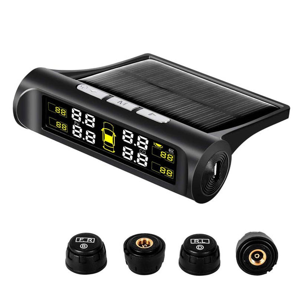 TPMS DIY Car Tire Pressure Monitoring System Solar Power Universal Wireless LCD Display with 4 External Sensors Real-time Display 4 Tires' Pressure & Temperature