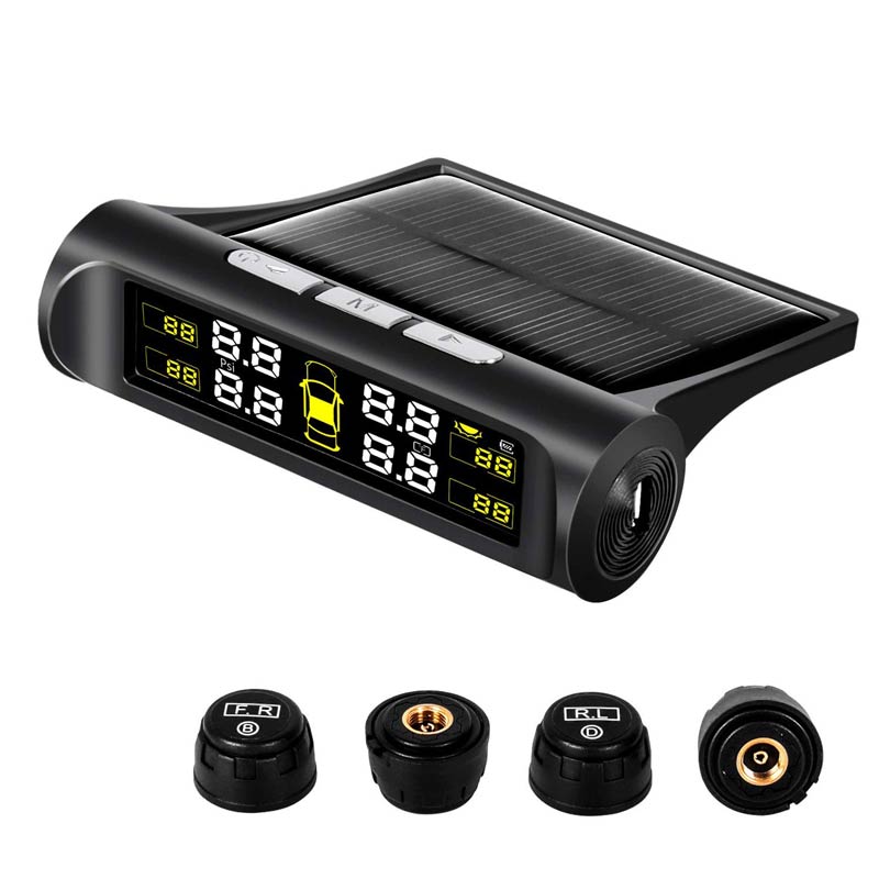 TPMS DIY Car Tire Pressure Monitoring System Solar Power Universal Wireless LCD Display with 4 External Sensors Real-time Display 4 Tires' Pressure & Temperature