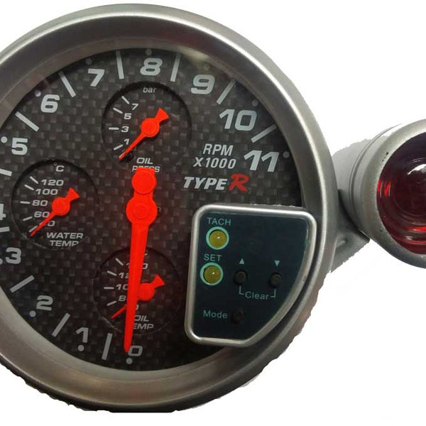 TYPE-R 5inch Car 4x4 SUV Gypsy Off Road RPM Tachometer, Water Temp, Oil Temp & Oil Pressure 4 in 1 with Shift light (Carbon Black)