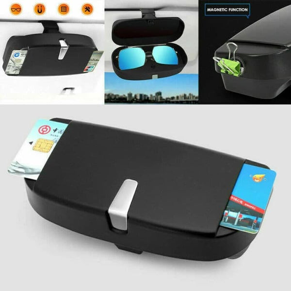BLACK Glasses Holder for Car Sun Visor, Universal Car Sunglasses Eyeglasses Case Storage Box Organizer Car Glasses Holder Sun Visor Clip with Ticket Card Holder and Magnetic Function